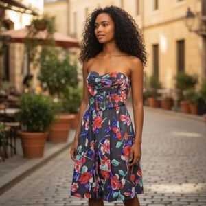 Express Women's Silk Dress Black Strapless Floral Belted Fit Flare Sz 0 Lined‎